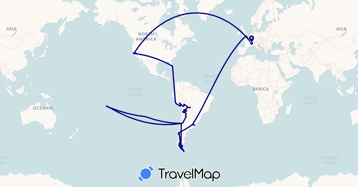 TravelMap itinerary: driving in Argentina, Bolivia, Switzerland, Chile, United Kingdom, Peru, French Polynesia, United States, Uruguay (Europe, North America, Oceania, South America)
